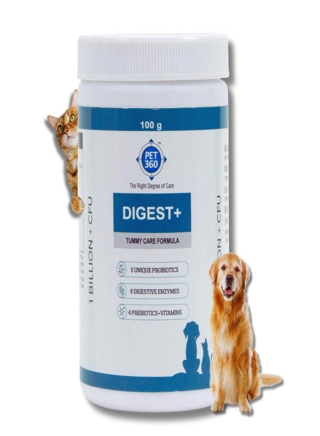 PET360 Digest+ Tummy Care Formula | Gut Health Supplement for Dogs & Cats | Probiotics, Prebiotics, Digestive Enzymes & Vitamins for Improved Digestion & Immunity | Suitable for All Breeds - 100 gm - Image 1